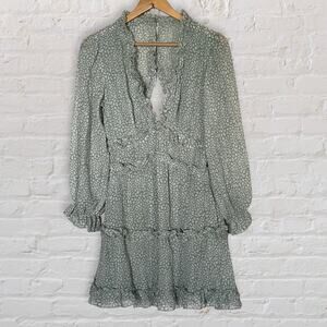 Floral Deep V Neck Ruffle Tiered Mini Dress Womens Green Long Sleeve Open Back